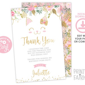 Cartes de remerciement Floral Kitty, anniversaire de chat Kitty modifiable, notes de remerciement Kitty, cartes de remerciement imprimables, téléchargement immédiat