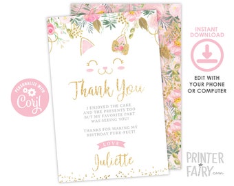 Floral Kitty Thank You Cards, EDITABLE Kitty Cat Birthday, Kitty Thank You Notes, Printable Thank You Cards, INSTANT DOWNLOAD