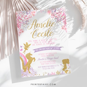 Fairy Unicorn and Mermaid EDITABLE Birthday Invitation, Magical Birthday Party, Pink gold and purple Invitation, EDIT YOURSELF Invitation