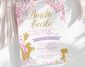 Fairy Unicorn and Mermaid EDITABLE Birthday Invitation, Magical Birthday Party, Pink gold and purple Invitation, EDIT YOURSELF Invitation