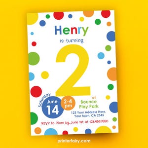 Plantilla editable de invitación para segundo cumpleaños con colores primarios, invitación para fiesta de cumpleaños con confeti, invitación para segundo cumpleaños de niño, descarga instantánea