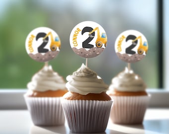 Adornos para cupcakes con temática de construcción: Decoración para fiestas de cumpleaños con temática de camiones (editable, descarga instantánea)