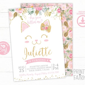 Floral Kitty Cat Birthday invitation, EDITABLE Kitty Cat Birthday Party, Cat Invitation, Pawty Invitation, INSTANT DOWNLOAD