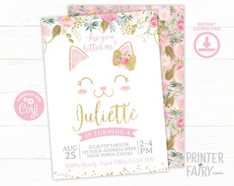 Floral Kitty Cat Birthday invitation, EDITABLE Kitty Cat Birthday Party, Cat Invitation, Pawty Invitation, INSTANT DOWNLOAD