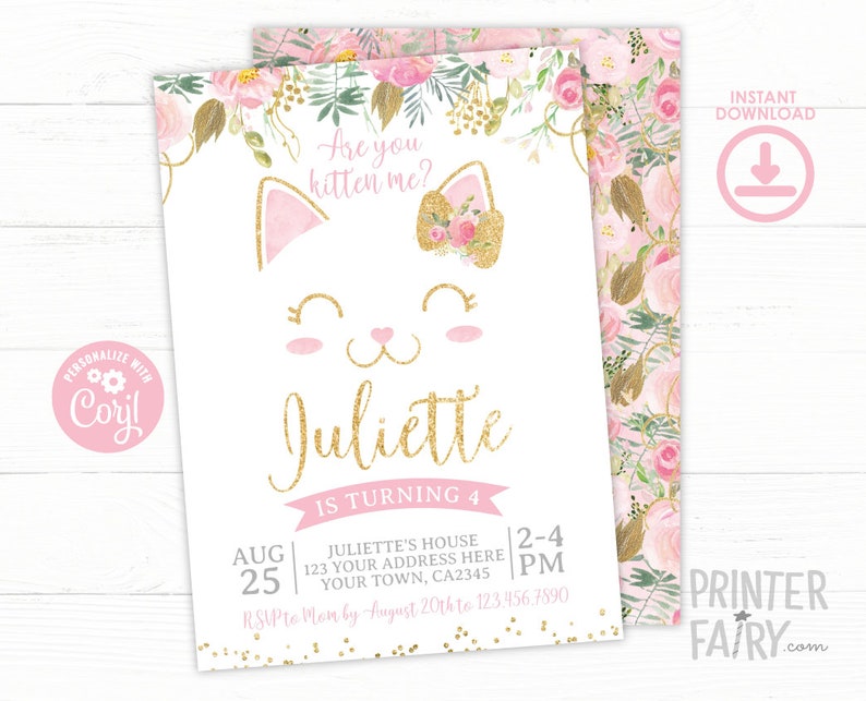 Floral Kitty Cat Birthday Invitation Editable Template for Any Age, Pawty Invite (Instant Download) image 2