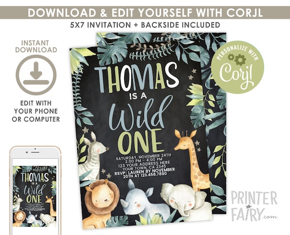 Safari Birthday Invitation, Wild One Invitation, EDITABLE, Safari Invitation, Jungle Animals Party, EDIT YOURSELF Digital, Instant Download Il_570xn