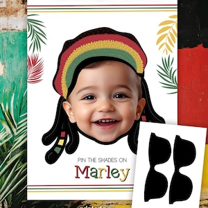 Puede incluir: Un juego imprimible para la fiesta de cumpleaños de un niño. El juego se llama "Pin the Shades on Marley". El juego presenta una imagen de dibujos animados de un niño con rastas que lleva un sombrero rojo, amarillo y verde. Hay dos recortes de gafas de sol negras para sujetar en la cara del niño.