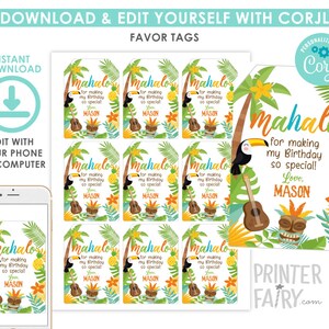 Luau Favor Tags, EDITABLE, Hawaiian Thank You Tags, Beach Birthday Party, Summer Party, Luau Labels, INSTANT DOWNLOAD