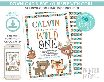 Wild One Birthday Invitation, Editable Tribal Woodland Party (Digital)