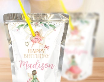 Editable Fairy Party Drink Pouch Labels, Fairy Fall Birthday Caprisun Template Labels, Princess Garden Theme, Girl's Birthday Party Favors