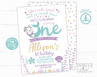 Meowmaid 1st Birthday Invitation, Mercat Invitation, EDITABLE Mermaid Invitation, Cat Birthday Invitation, INSTANT DOWNLOAD