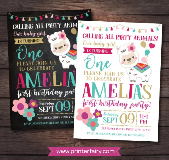Llama Invitation, Girl First Birthday Invitation, Alpaca Invitation, Animal Birthday Invitation, Llama birthday, Any age, DIGITAL, 2 Options Il_570xn