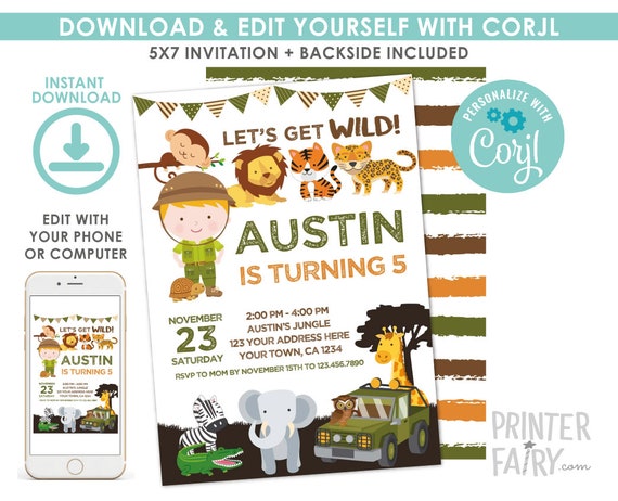 Safari Invitation, Jungle Invitation, EDITABLE, Safari Birthday Party, Outdoor Birthday, Digital Printable Invitation, Instant Download Il_570xn
