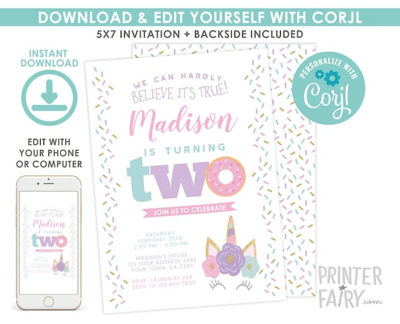 Unicorn and Donut Invitation, EDITABLE Invitation, 2nd Birthday Invitation, Donut Invitation, Unicorn Invitation, EDIT YOURSELF with Corjl Il_570xn