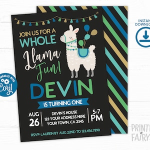 Llama Birthday Invitation, EDITABLE, Llama Birthday Party, Alpaca Invitation, Llama Fun Invitation, INSTANT DOWNLOAD