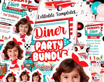 Diner Party Editable Bundle, Invitation, Signs, Labels, Decor (Digital Download)