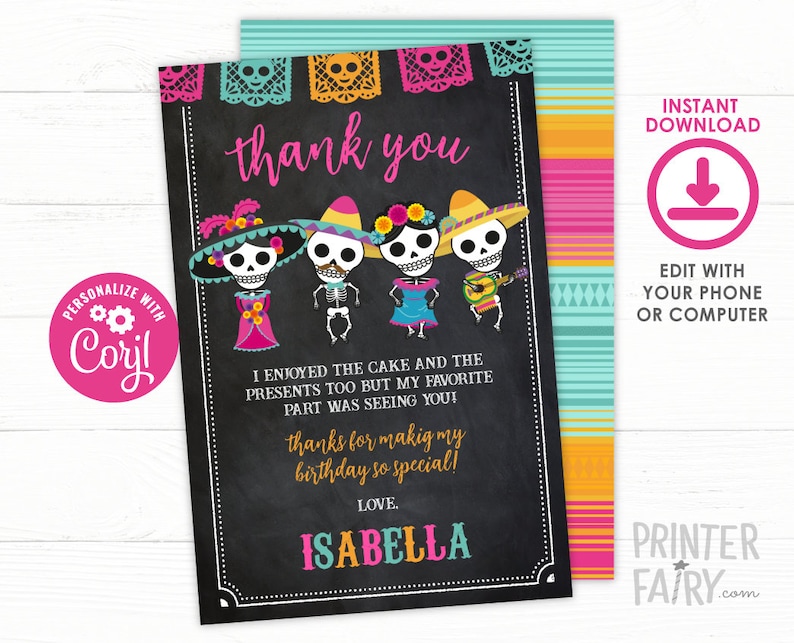 Day of the Dead Thank You Cards, Editable Cards, Dia de los Muertos Thank You Cards, INSTANT DOWNLOAD image 1