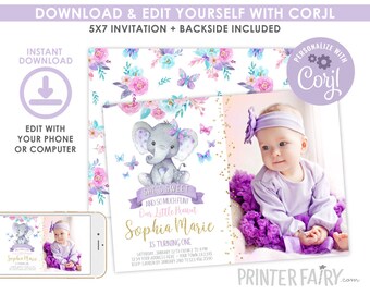 Elephant 1st Birthday Invitation with Picture, Girl Birthday Invitation, Floral Butterflies Invitation, EDITABLE, Instant Download