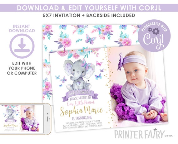 Elephant 1st Birthday Invitation with Picture, Girl Birthday Invitation, Floral Butterflies Invitation, EDITABLE, Instant Download Il_570xn