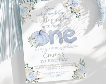 Editable Little Pumpkin 1st Birthday Invitation: Blue & Silver Pumpkin Patch Party, Fall First Birthday, Instant Download, Corjl Template