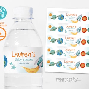 Outer Space Birthday Water Bottle Label, Editable Template, Planets Rocket Ship Party Water Bottle Label, Galaxy Birthday Party Bottle Label