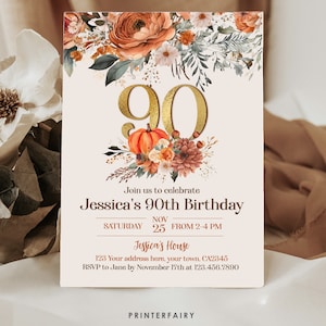 Invito di compleanno di 90 anni con zucca floreale - Tema floreale di invito per adulti per feste autunnali, modificabile con Corjl