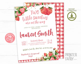 Strawberry Baby Shower Invitation for Twins, Editable, Some One Berry Sweet Is On The Way, Girl Baby Shower, Strawberry Baby Sprinkle Invite