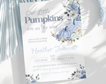Dusty Blue Pumpkin Twins Baby Shower Invitation - Editable Template for Fall Parties, Floral Blue Baby Sprinkle Printable Invite