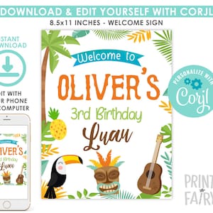 Luau Welcome Sign, EDITABLE, Hawaiian Party, Pool Party, Luau Birthday Party Decorations, Tropical Sign, INSTANT DOWNLOAD