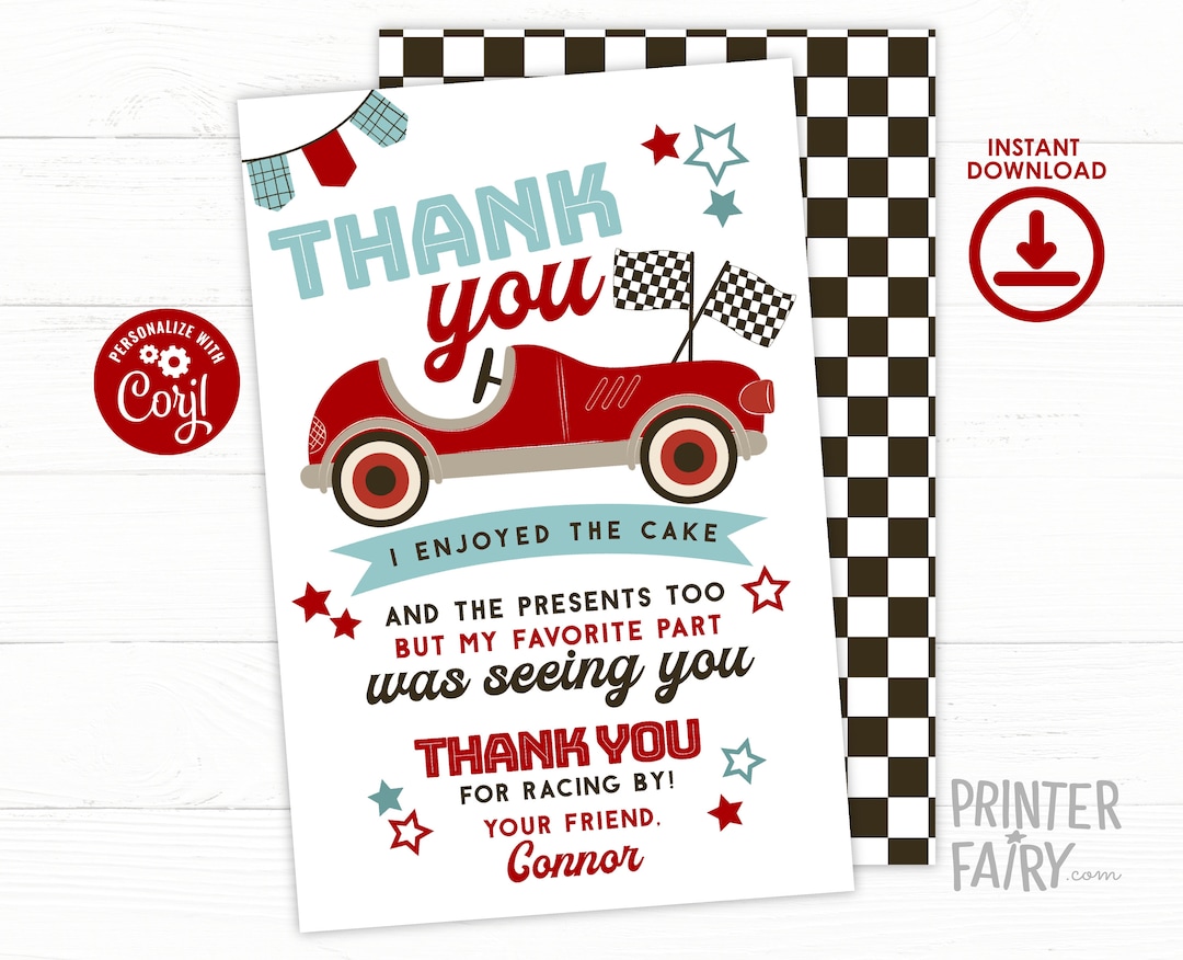 Race Car Birthday Party Thank You Card EDITABLE Racing Car - Etsy