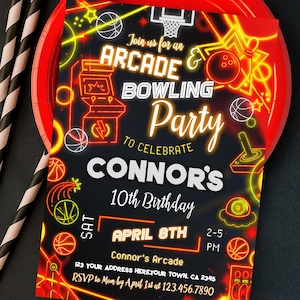 May include: A black invitation for Connor's 10th birthday party, featuring arcade and bowling themes. The design includes neon-style graphics of basketballs, bowling pins, and arcade machines. The invitation is on a red plate with black and white striped straws.