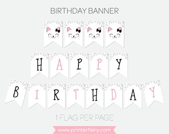 Kitty Cat Birthday Banner, Kitty Cat Party Decorations, Black, pink and white, Printable Pack, INSTANT DOWNLOAD