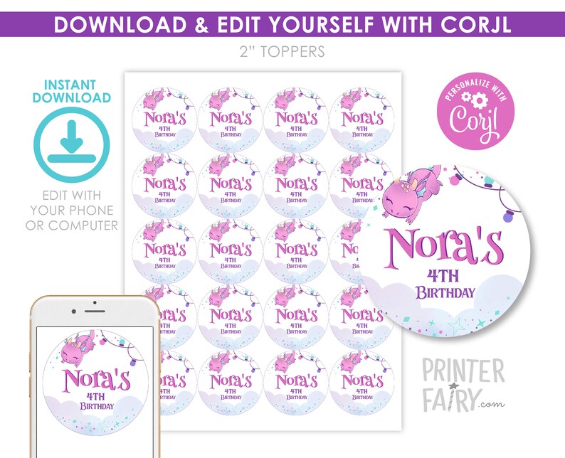 Dragon Birthday Party Toppers, Dragon Stickers, Girl Dragon Party, Cute Dragon Party Straw Toppers, Instant Download, Printable Round Labels