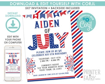 4th of July Invitation, EDITABLE Birthday Invitation, Indepence Day Invitation, 4th of July Party, Firecracker Invitation, EDIT YOURSELF