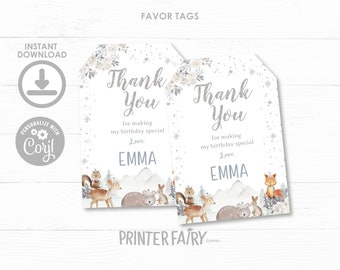 Winter Wonderland Favor Tags, EDITABLE, Winter Birthday Party, Snowflake Favor Tags, Winter Floral, Deer Thank You Tags, INSTANT DOWNLOAD