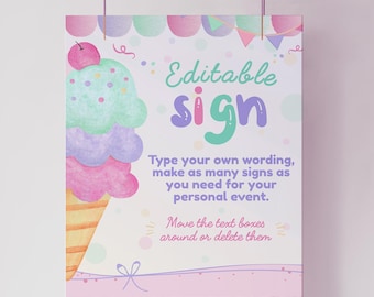 Ice Cream Birthday Editable Sign, 2 sizes included, EDITABLE, Instant Download