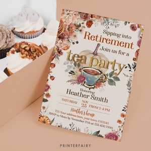Faire-part pour la retraite Tea Party, invitation pour départ à la retraite modifiable, carte imprimable brunch party, modèle d'adieu par-thé, tea party