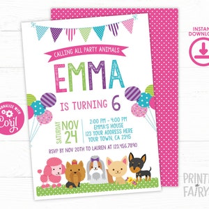 Puede incluir: Una invitaci&oacute;n de fiesta con el texto "Calling All Party Animals" y "Emma cumple 6". La invitaci&oacute;n presenta globos coloridos, una pancarta e ilustraciones de varias razas de perros. Un patr&oacute;n de lunares rosas est&aacute; en la parte posterior.