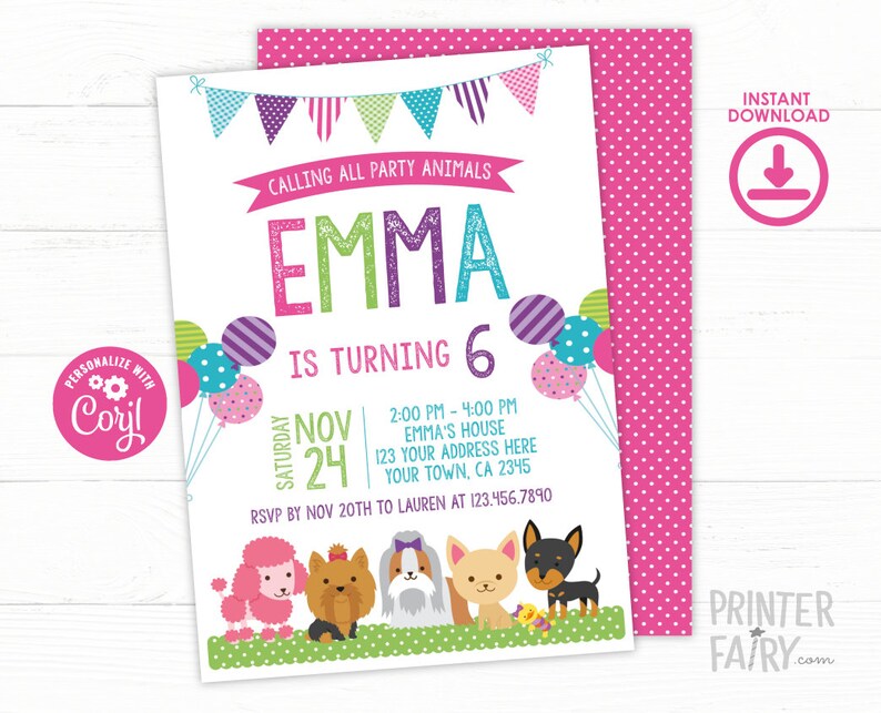 Puede incluir: Una invitaci&oacute;n de fiesta con el texto "Calling All Party Animals" y "Emma cumple 6". La invitaci&oacute;n presenta globos coloridos, una pancarta e ilustraciones de varias razas de perros. Un patr&oacute;n de lunares rosas est&aacute; en la parte posterior.