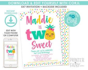 Pineapple 2nd Birthday Invitation, EDITABLE, Pineapple Birthday Party, Luau Invitation, Pineapple Invite, EDIT YOURSELF, Instant Download