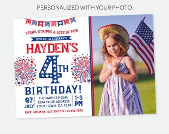 4th of July Birthday Invitation with Photo, Independence Day Party, Firecracker Invitation, Any Age, Personalized Digital Invitation