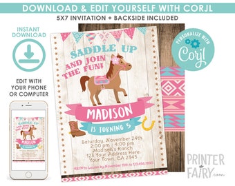 Pony EDITABLE Invitation, Horse Birthday Invitation, Country Party, Outdoor Birthday, Digital Printable Invitation, Instant Download