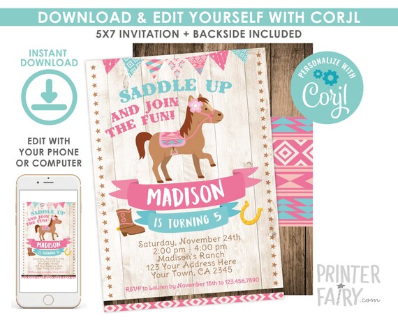Pony EDITABLE Invitation, Horse Birthday Invitation, Country Party, Outdoor Birthday, Digital Printable Invitation, Instant Download Il_570xn