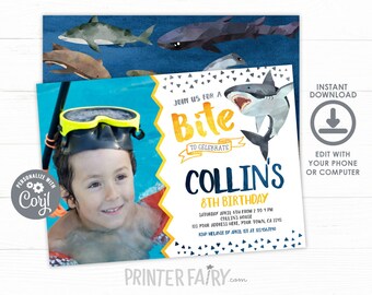 Shark Invitation with photo, EDITABLE, Shark Birthday Invitation, Shark Invite, EDIT YOURSELF Digital Invitation, Instant Download