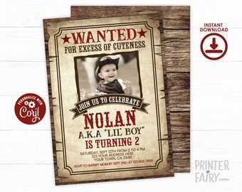 Wanted Poster Birthday Invitation with picture, EDITABLE Western Invitation, Cowboy Birthday Invitation, Wild West Party, INSTANT DOWNLOAD