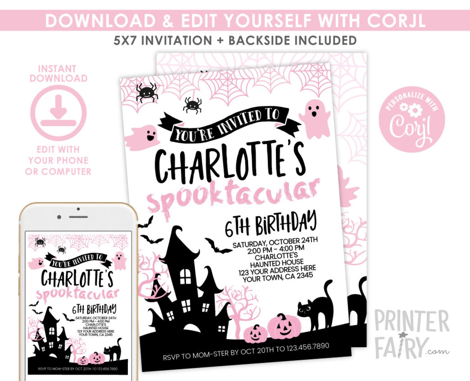 Pink Halloween Birthday Invitation EDITABLE Spooktacular Etsy