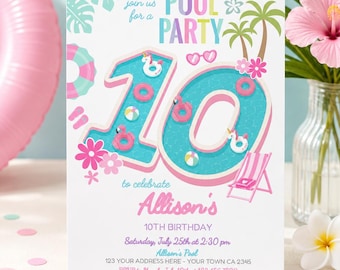 Pool Party Invite Girl 10th Birthday Editable Flamingo Unicorn Template, INSTANT DOWNLOAD