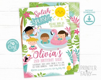 Pool Party Invitation, EDITABLE, Flamingo Birthday Invite, Unicorn Float Invitation, Luau Pool Party Invitation, Instant Download