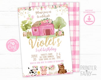 Floral Farm Birthday Invitation, Barnyard Animals (INSTANT DOWNLOAD)