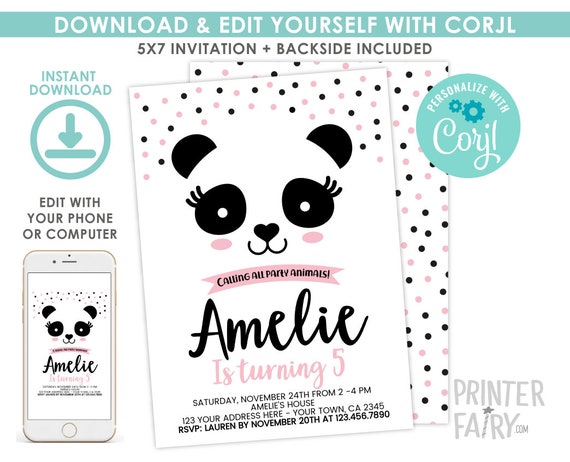 EDITABLE Panda Birthday Invitation, Black White & Pink Birthday Party, Modern Birthday, Panda Invitation, EDIT YOURSELF Digital Invite Il_570xn